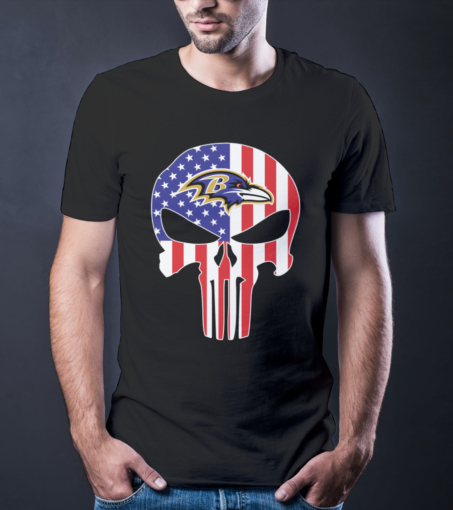 Ravens Skull American Flag Punisher Style T-Shirt