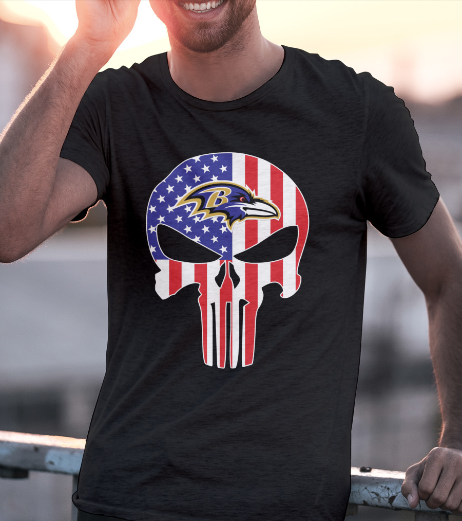 Ravens Skull American Flag Punisher Style T-Shirt