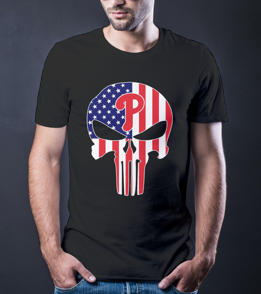 Phillies American Flag Punisher Style Skull T-Shirt