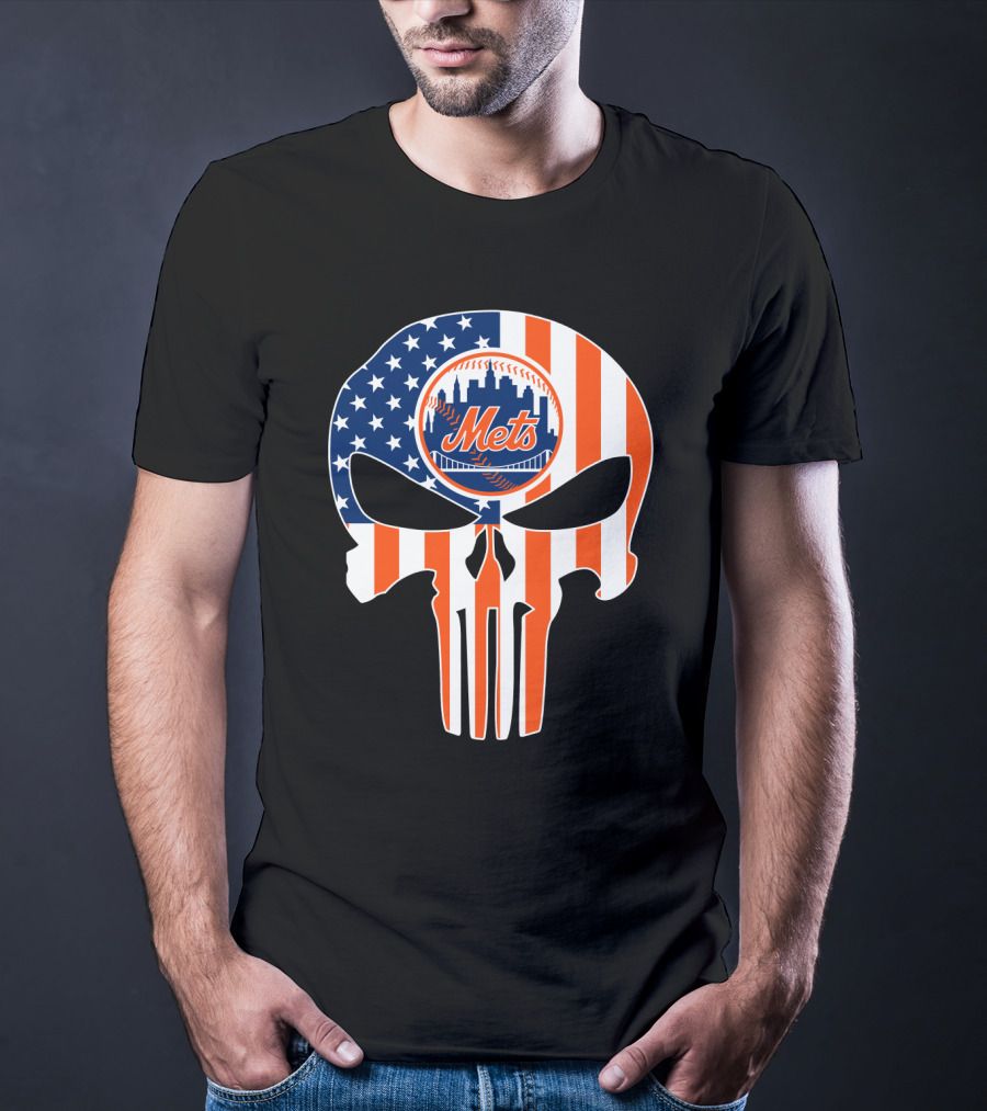 New York Mets American Flag Skull T-Shirt