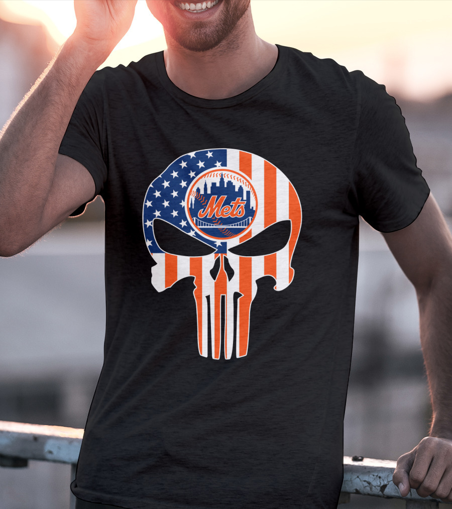 New York Mets American Flag Skull T-Shirt