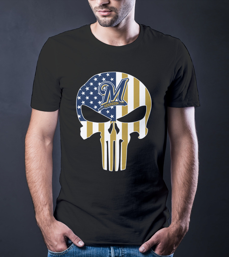 Milwaukee Brewers American Flag Skull T-Shirt