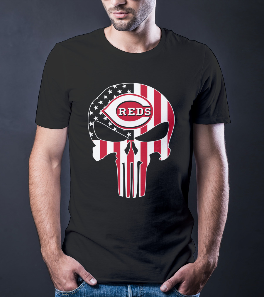 Cincinnati Reds American Flag Skull T-Shirt