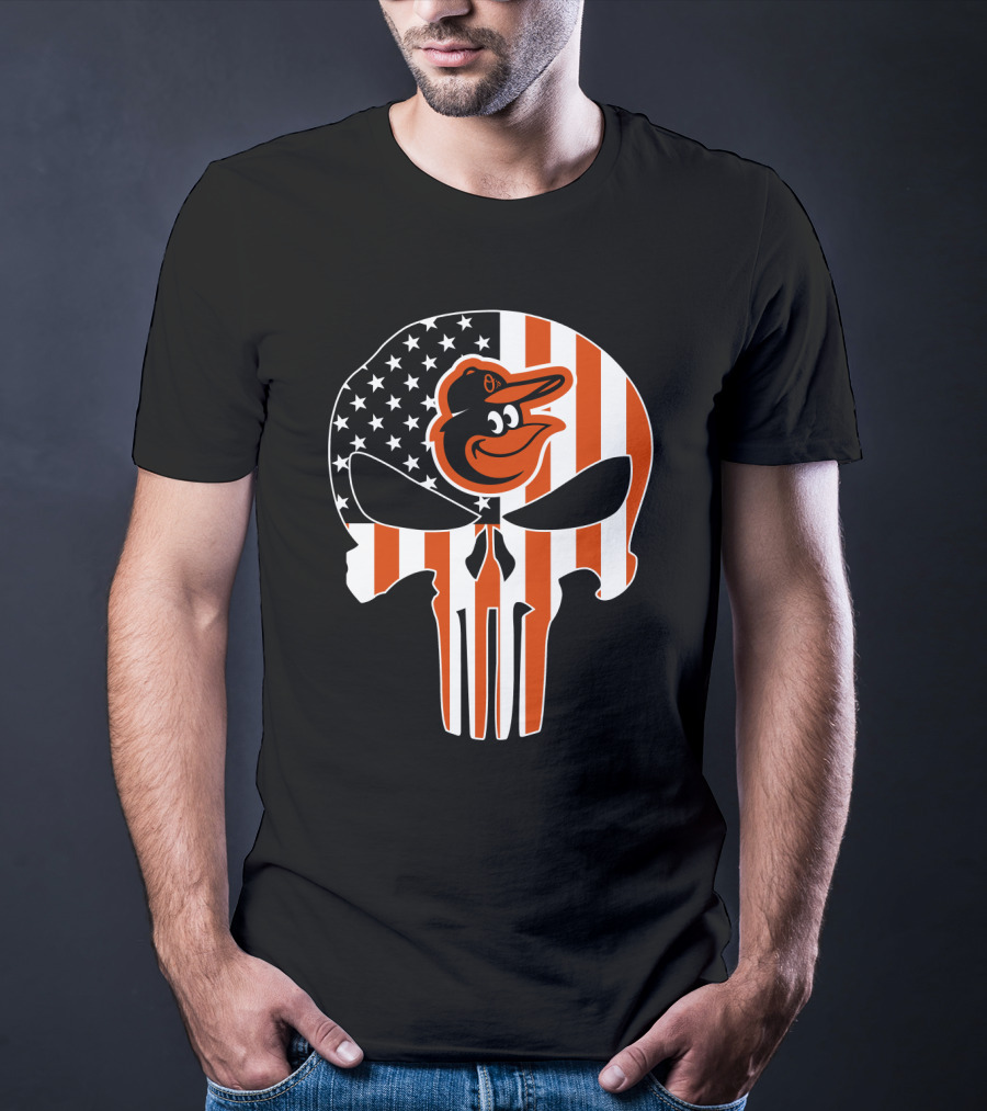 Baltimore Orioles Punisher Skull American Flag T-Shirt