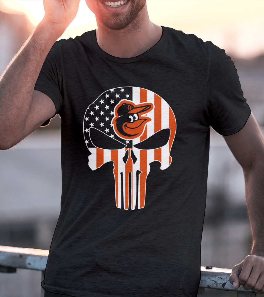 Baltimore Orioles Punisher Skull American Flag T-Shirt