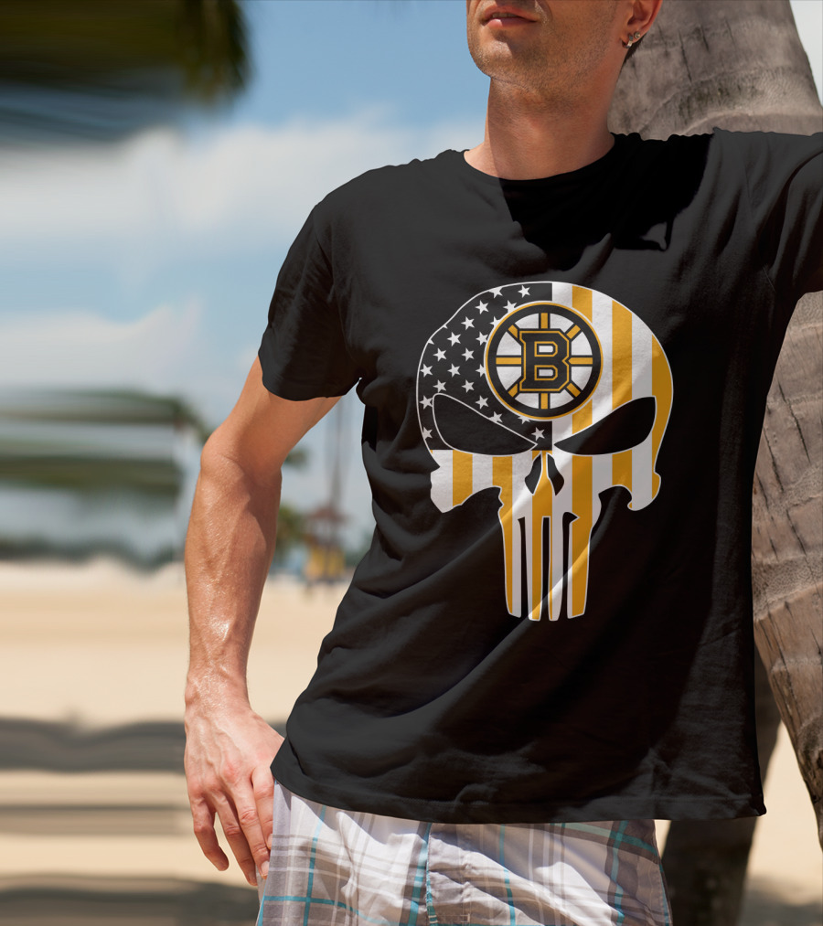 Boston Bruins Punisher Skull American Flag T-Shirt