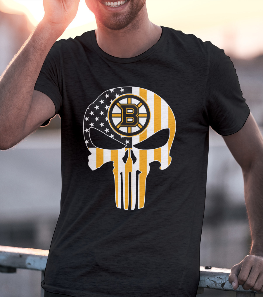Boston Bruins Punisher Skull American Flag T-Shirt