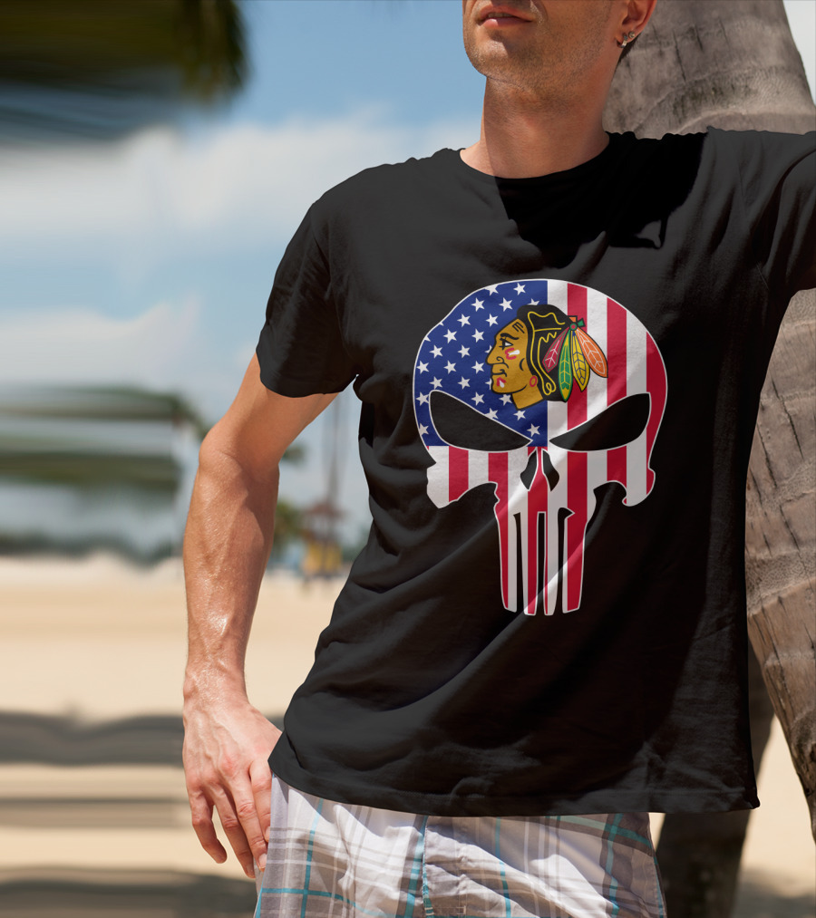 Chicago Blackhawks Punisher Skull American Flag T-Shirt