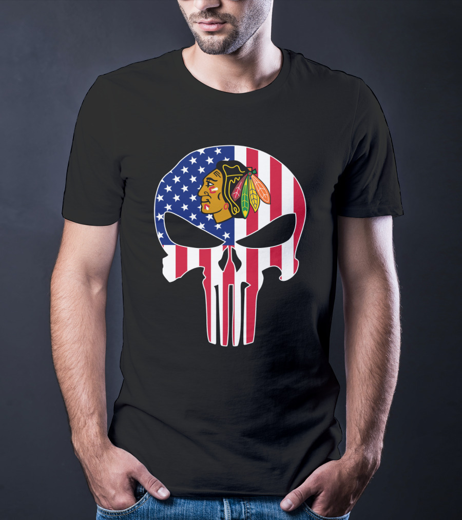 Chicago Blackhawks Punisher Skull American Flag T-Shirt