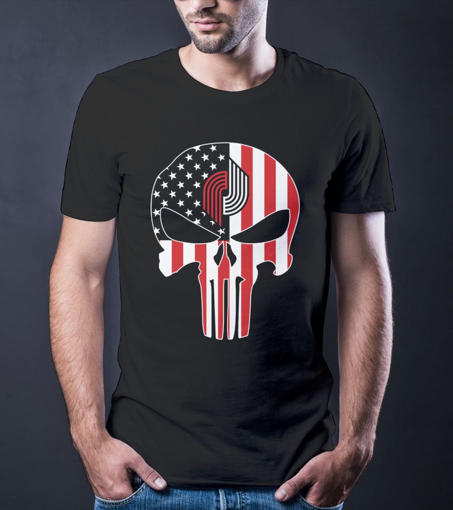 Portland Trail Blazers Punisher American Flag Skull T-Shirt