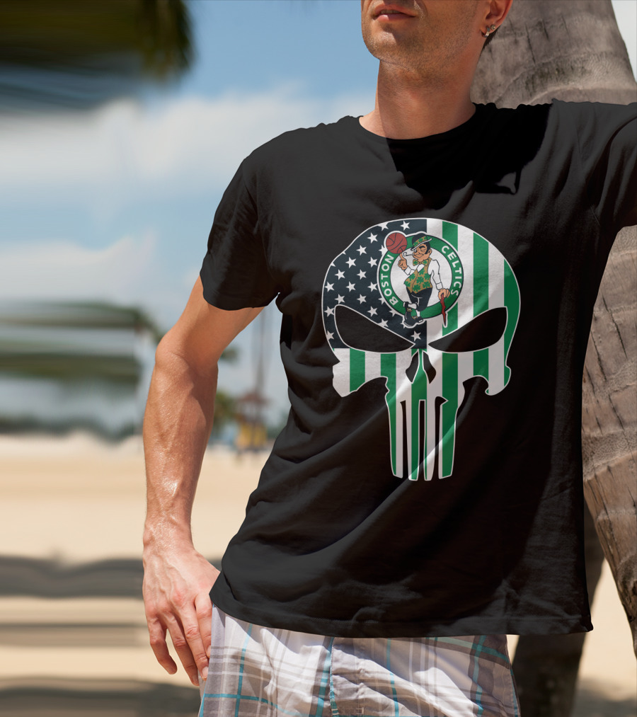Boston Celtics American Flag Punisher Skull T-Shirt