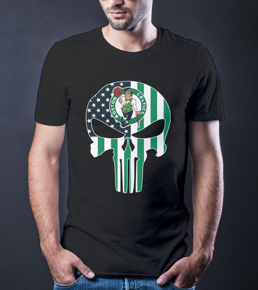 Boston Celtics American Flag Punisher Skull T-Shirt