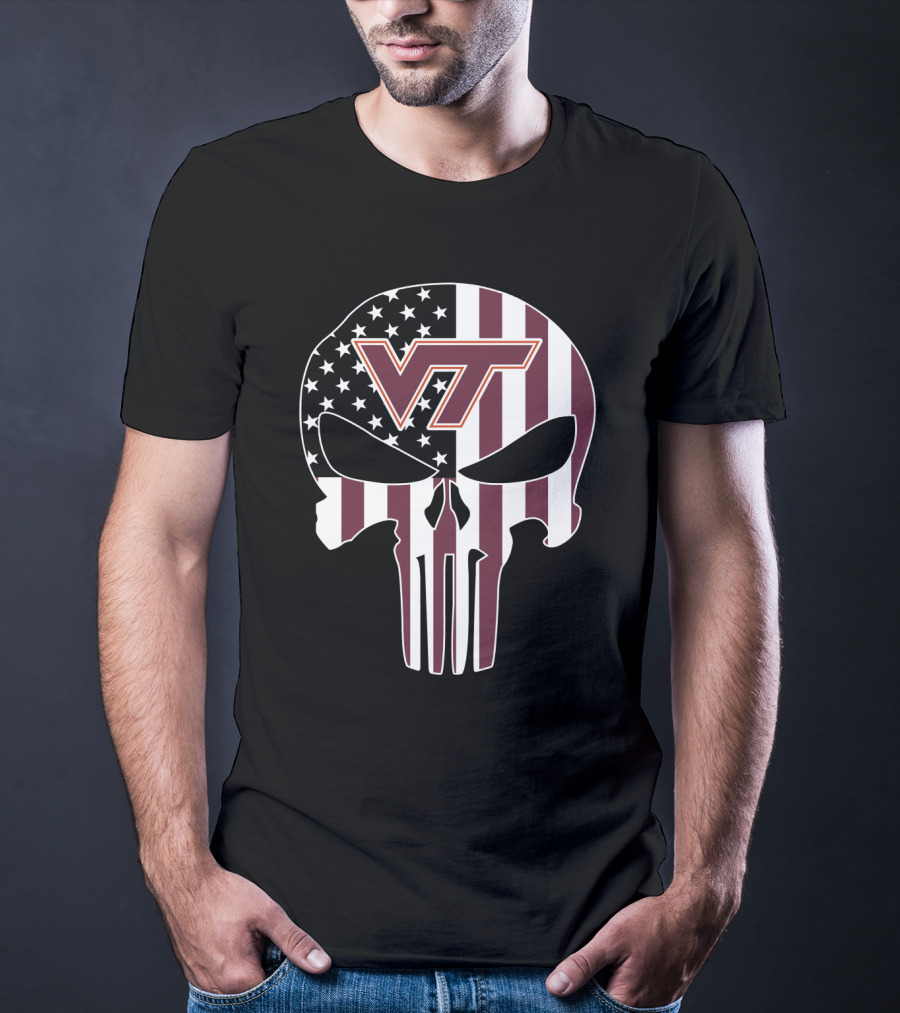 Virginia Tech Hokies Vt American Flag Skull T-Shirt
