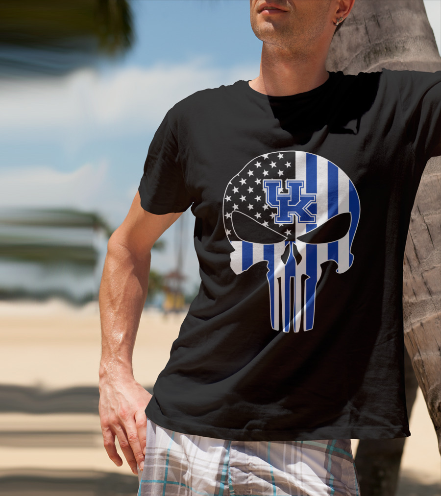 Uk Wildcats Punisher Skull American Flag Blue Stripes T-Shirt