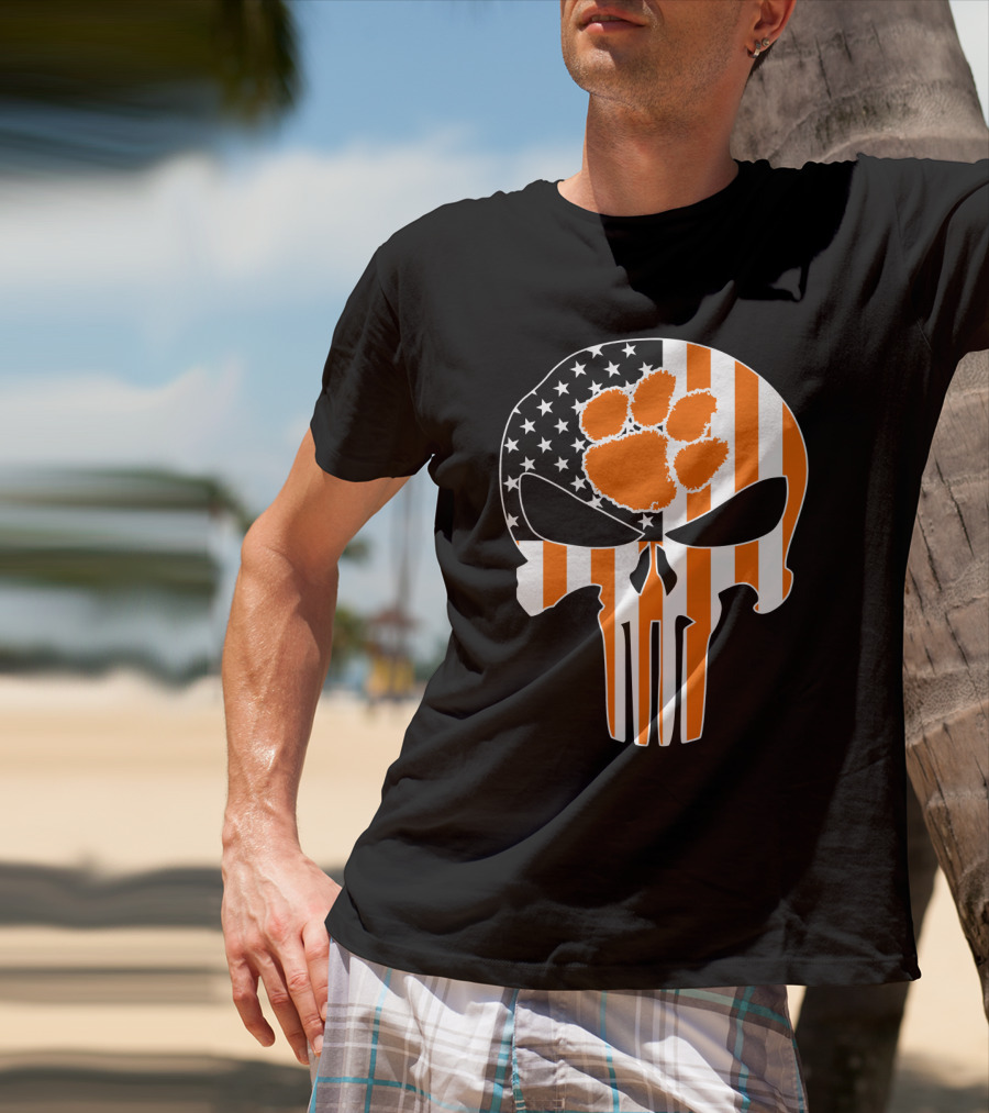 Clemson Tigers Paw Skull American Flag T-Shirt