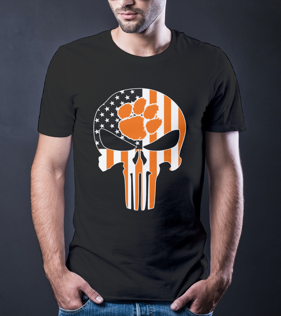 Clemson Tigers Paw Skull American Flag T-Shirt