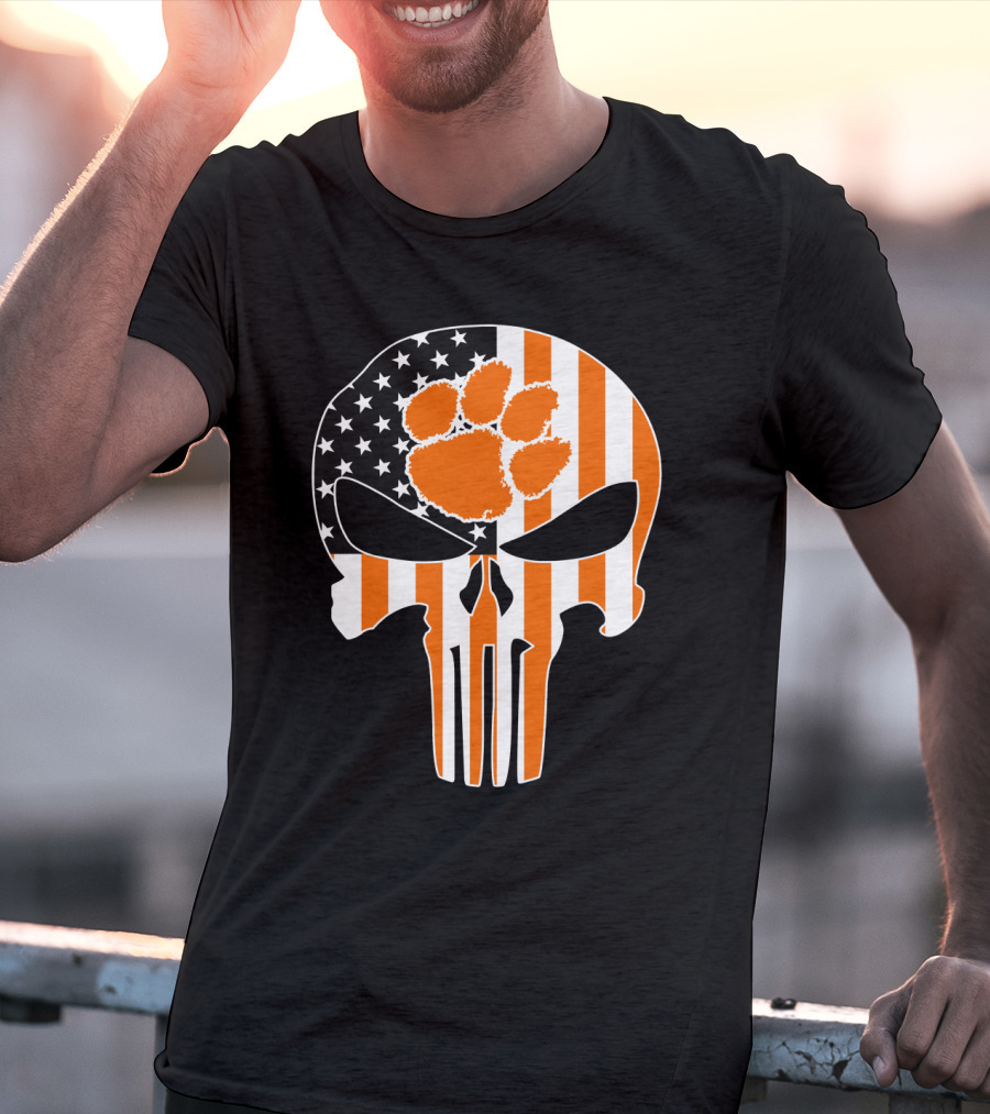Clemson Tigers Paw Skull American Flag T-Shirt