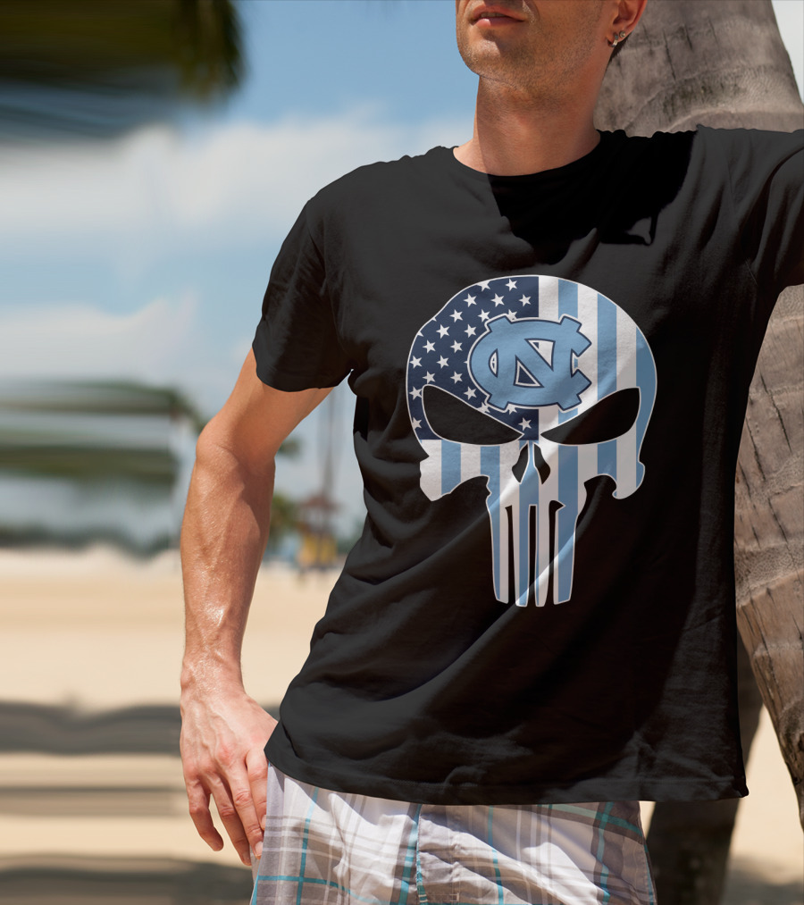 North Carolina Tar Heels Skull American Flag T-Shirt