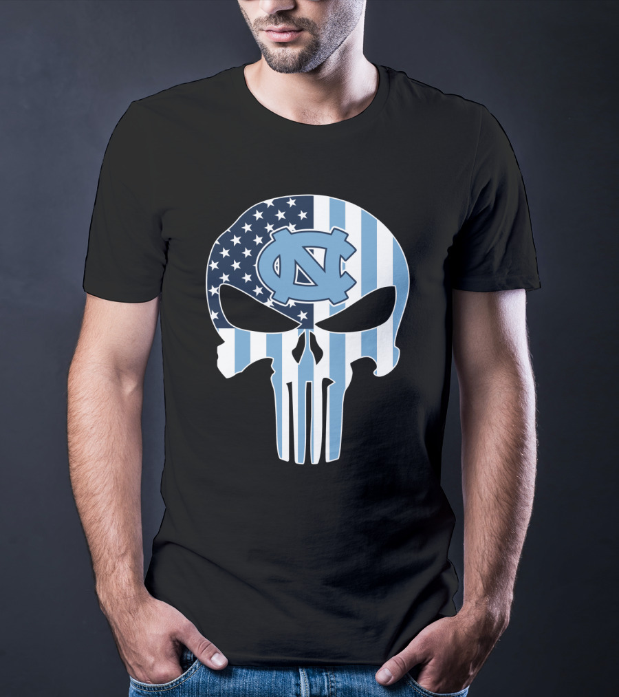 North Carolina Tar Heels Skull American Flag T-Shirt