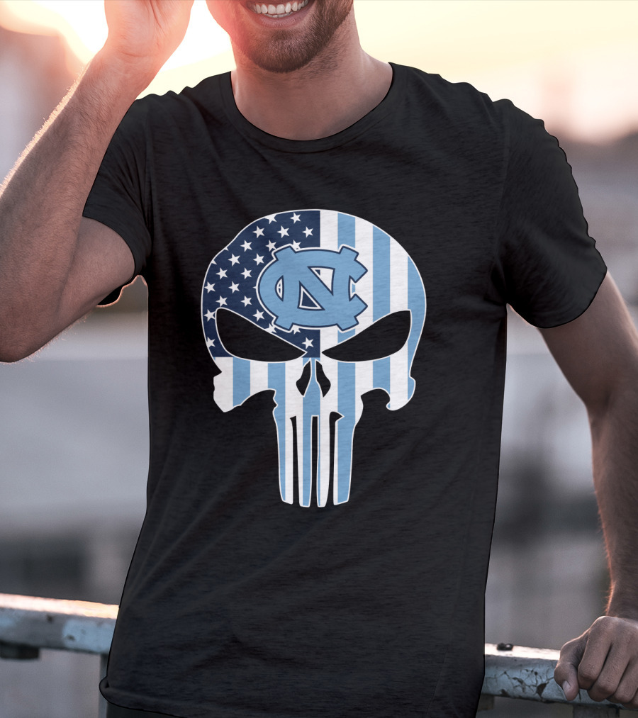 North Carolina Tar Heels Skull American Flag T-Shirt