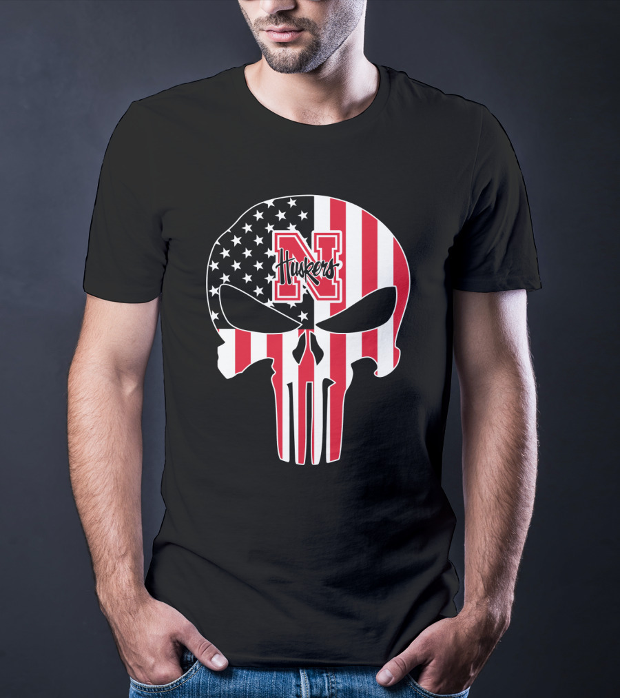 Nebraska Cornhuskers American Flag Skull Punisher T-Shirt