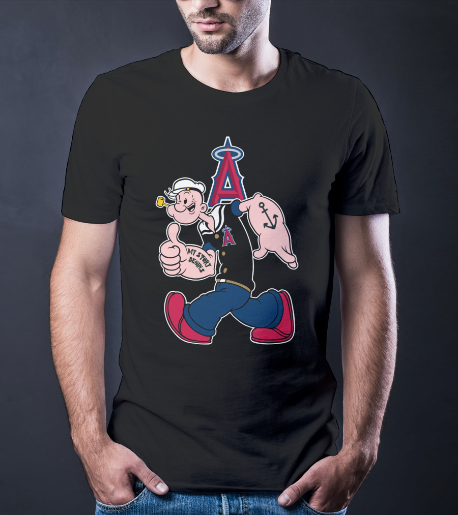 Popeye Thumbs Up Los Angeles Angels Mlb Collaboration With My Story Begins Anchor Tattoo T-Shirt