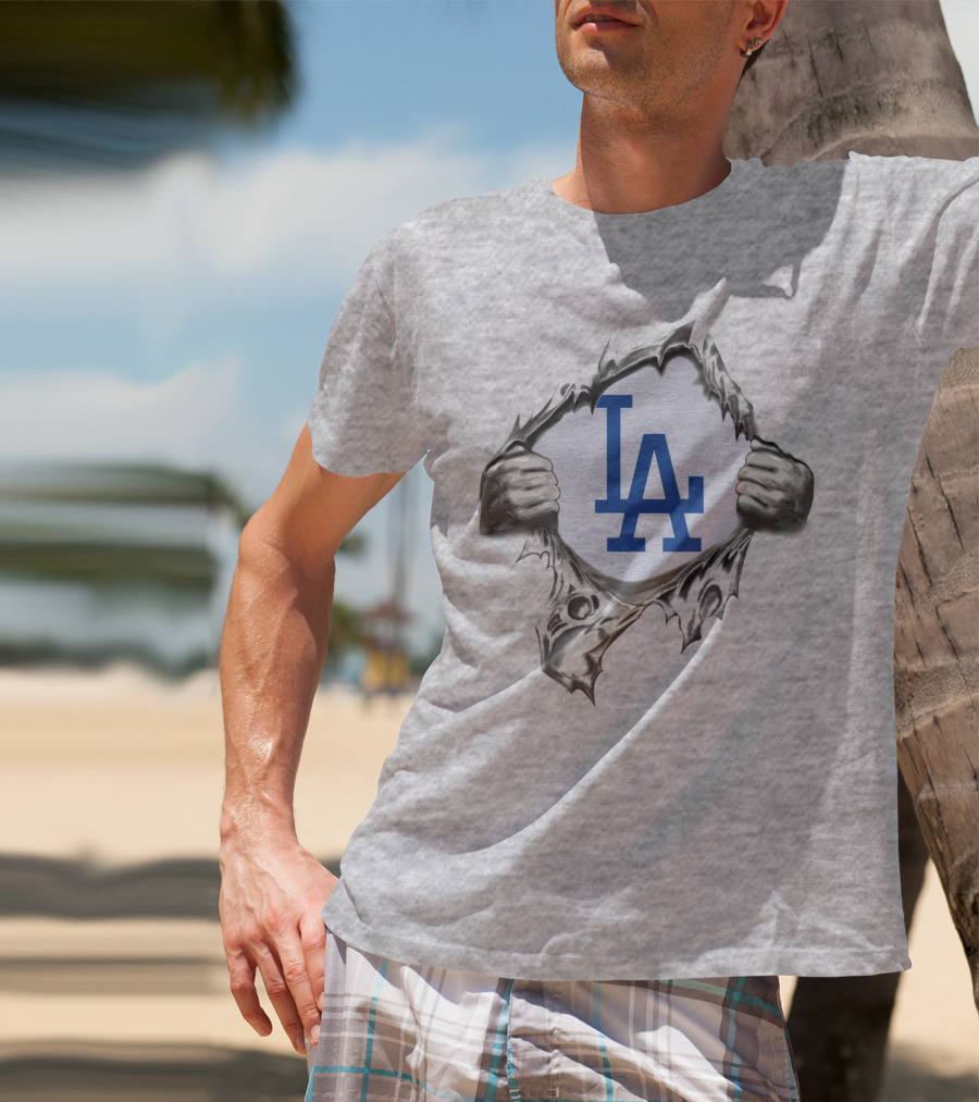 La Dodgers Logo Ripped Through Gray T-Shirt