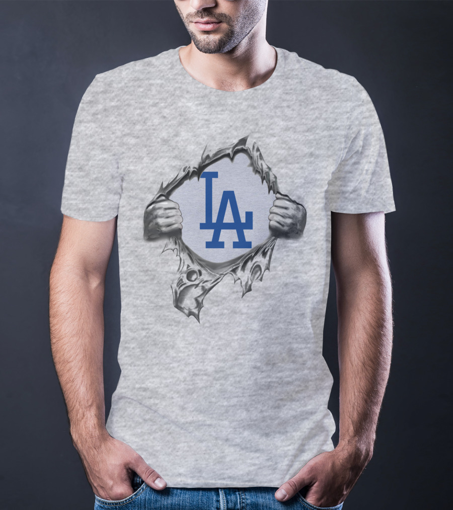 La Dodgers Logo Ripped Through Gray T-Shirt