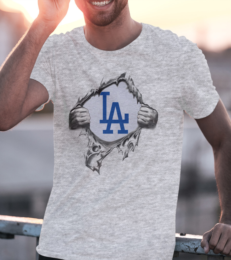 La Dodgers Logo Ripped Through Gray T-Shirt