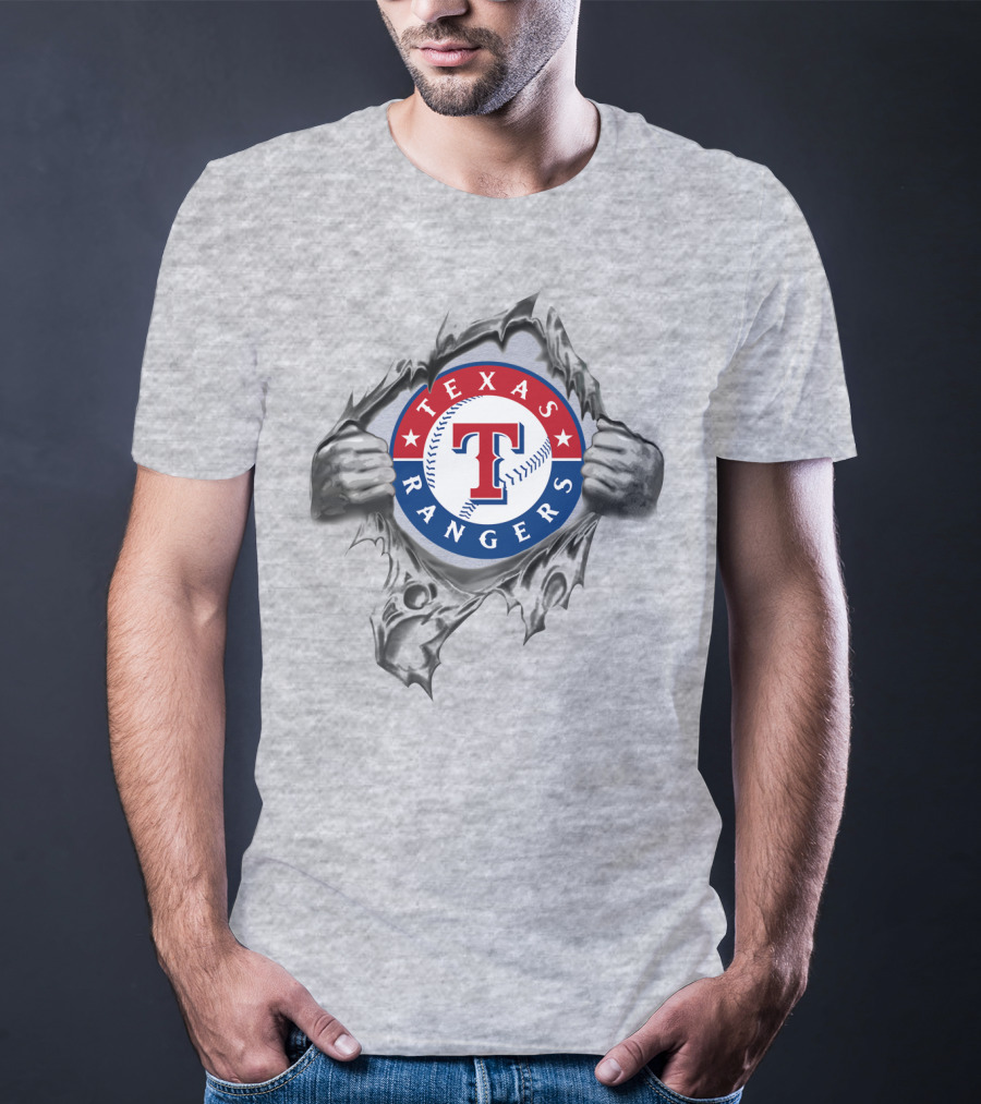 Texas Rangers Baseball Logo With Hands Tearing Through T-Shirt
