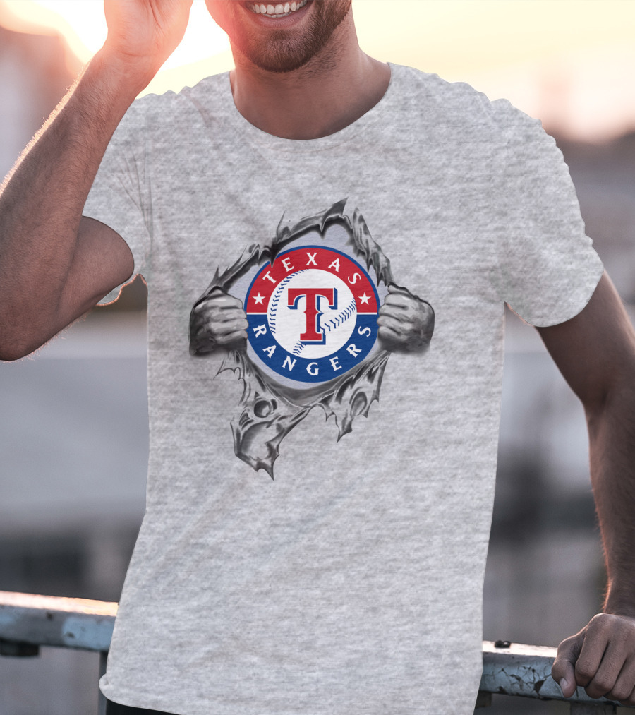 Texas Rangers Baseball Logo With Hands Tearing Through T-Shirt