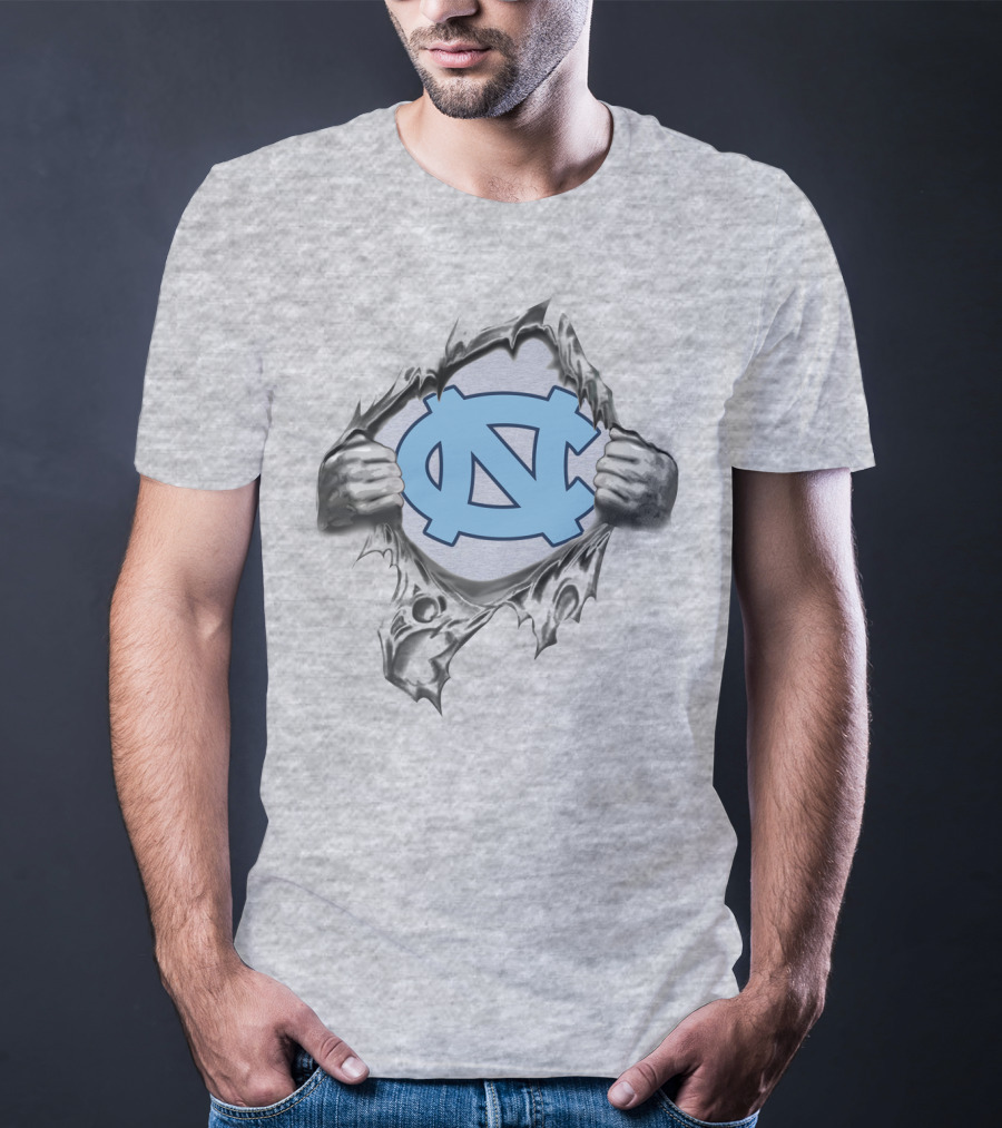 Unc Tar Heels Logo Peeking Through Ripped Gray Fabric T-Shirt