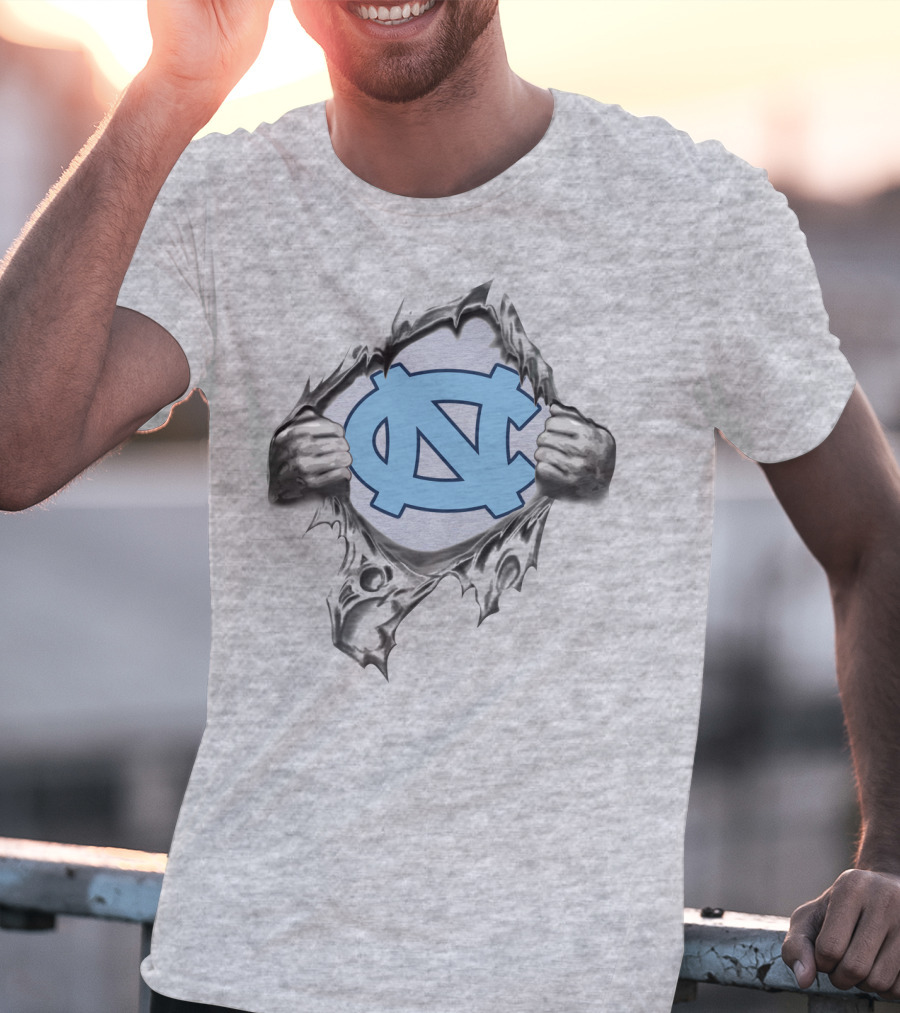 Unc Tar Heels Logo Peeking Through Ripped Gray Fabric T-Shirt