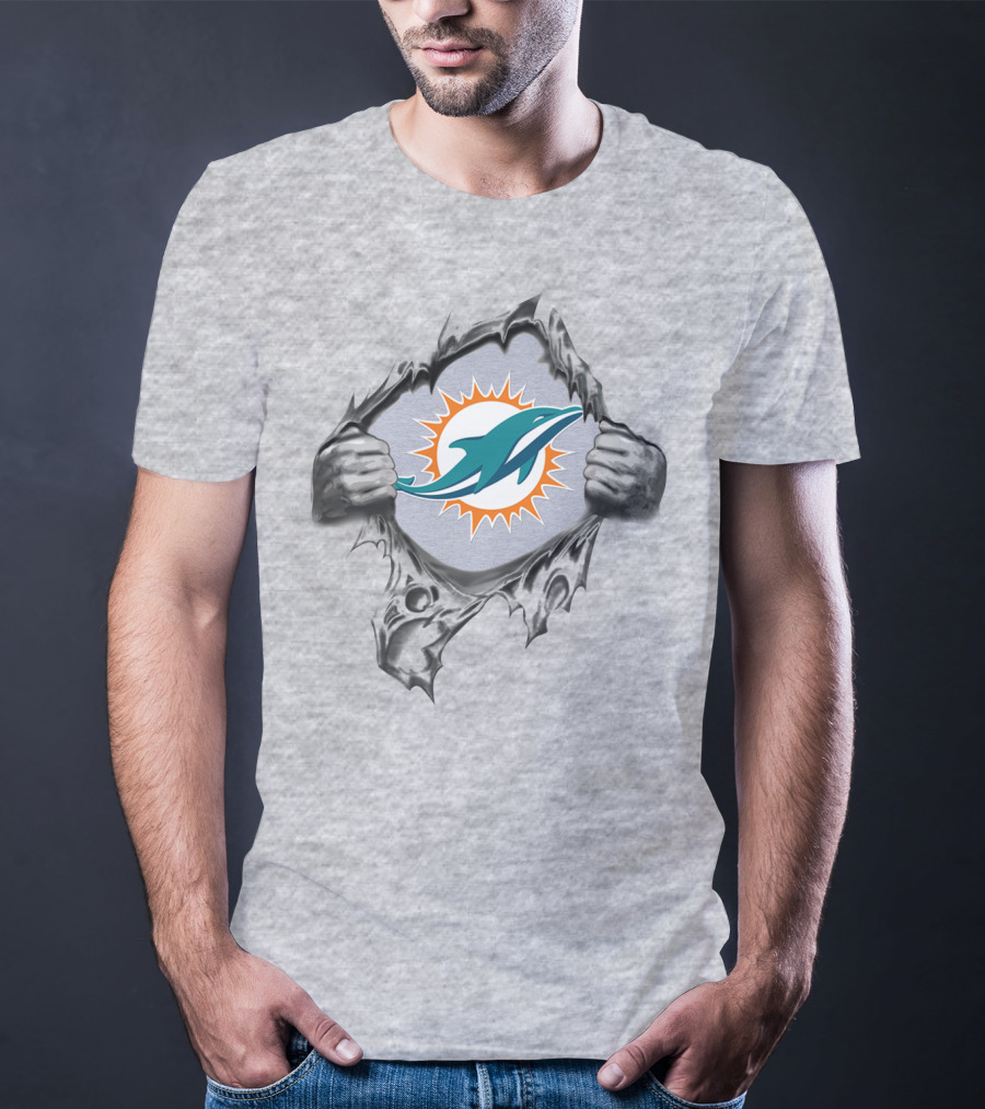 Miami Dolphins Logo In Ripped Metal Design Featuring Team T-Shirt