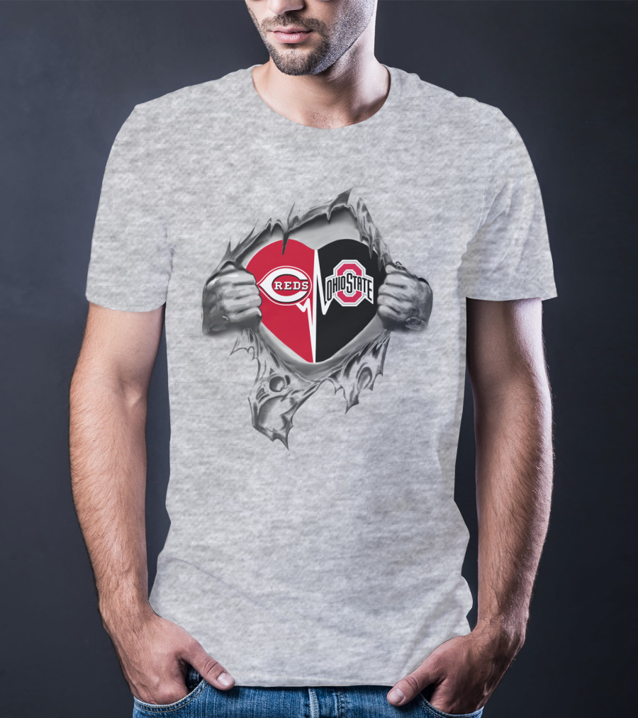 Reds Ohio State Buckeyes Heart Graphic With Torn Effect T-Shirt