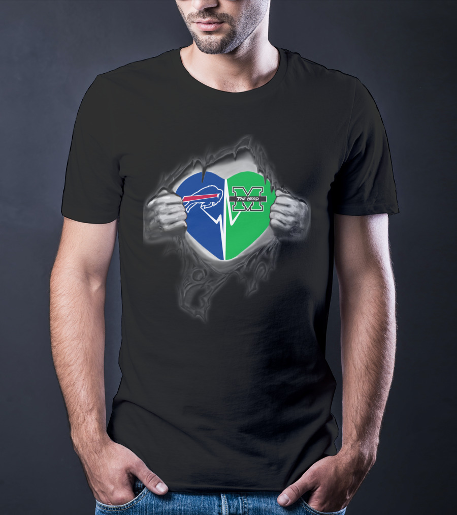 Buffalo Bills And Marshall Thundering Herd Heart Emblem With Torn Hands T-Shirt