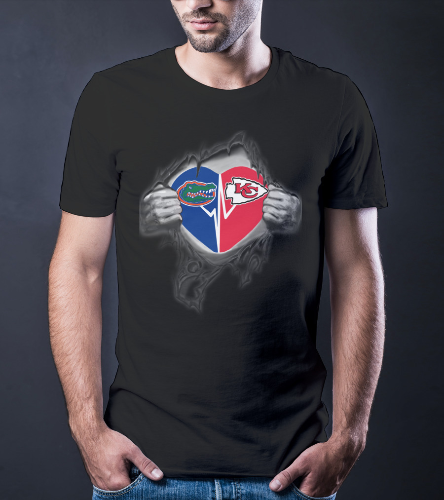Florida Gators And Kansas City Chiefs Heart Symbol With Torn Effect T-Shirt