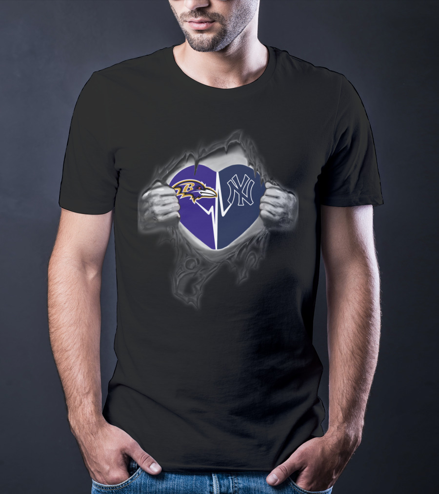 Baltimore Ravens New York Yankees Heart Nfl Mlb Crossover Fans T-Shirt