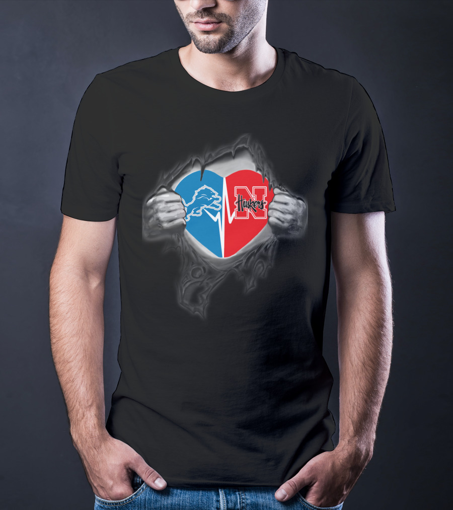 Detroit Lions Nebraska Huskers Heart Torn Open T-Shirt