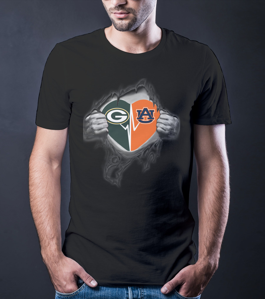 Packers Auburn Heart Split With Green Bay And Auburn Logos T-Shirt
