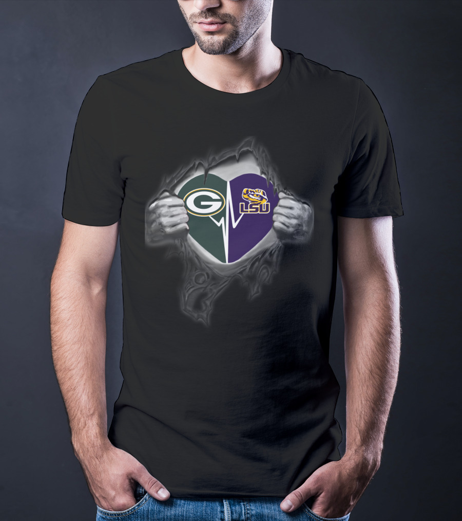 Green Bay Packers And Lsu Tigers Heart Ripped T-Shirt
