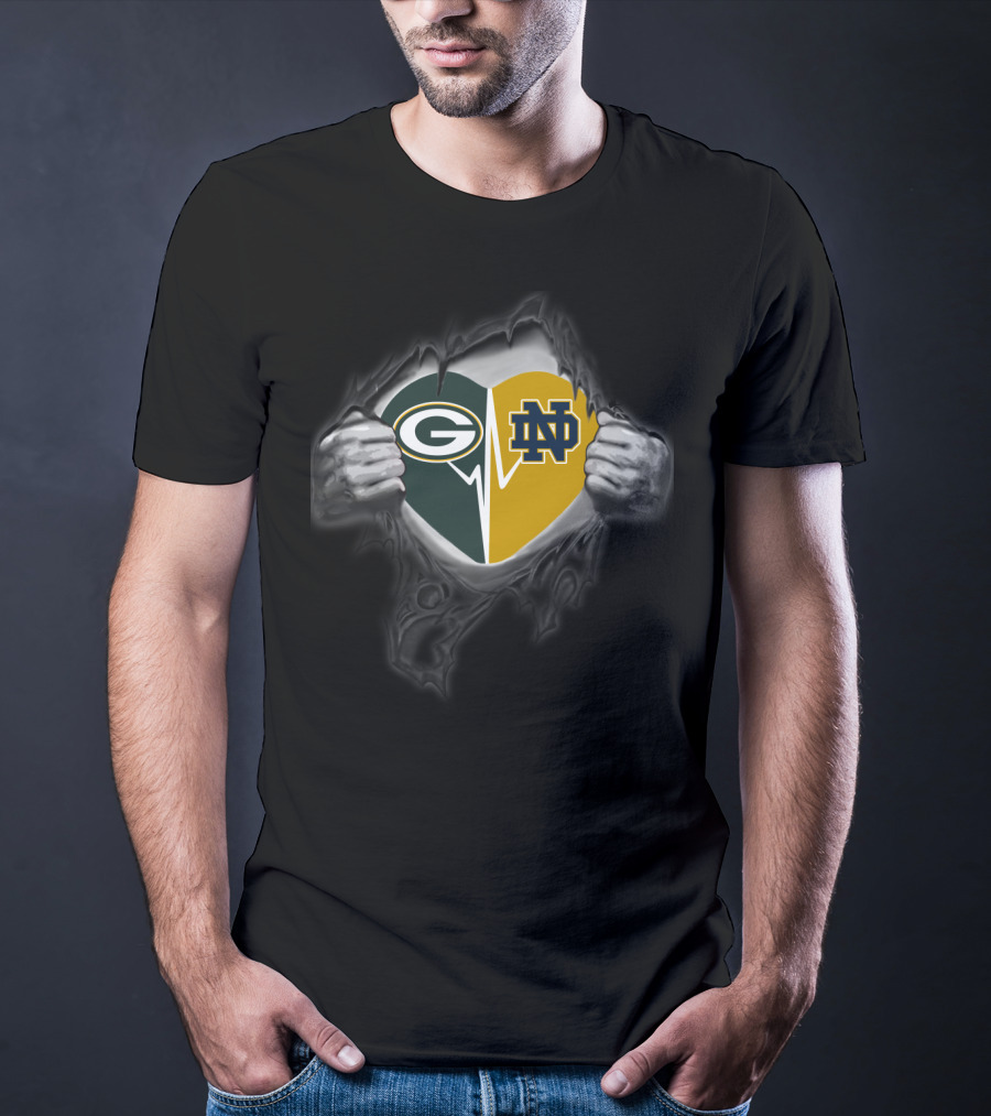Packers Green Bay Heart Notre Dame Fighting Irish Logo Integration T-Shirt