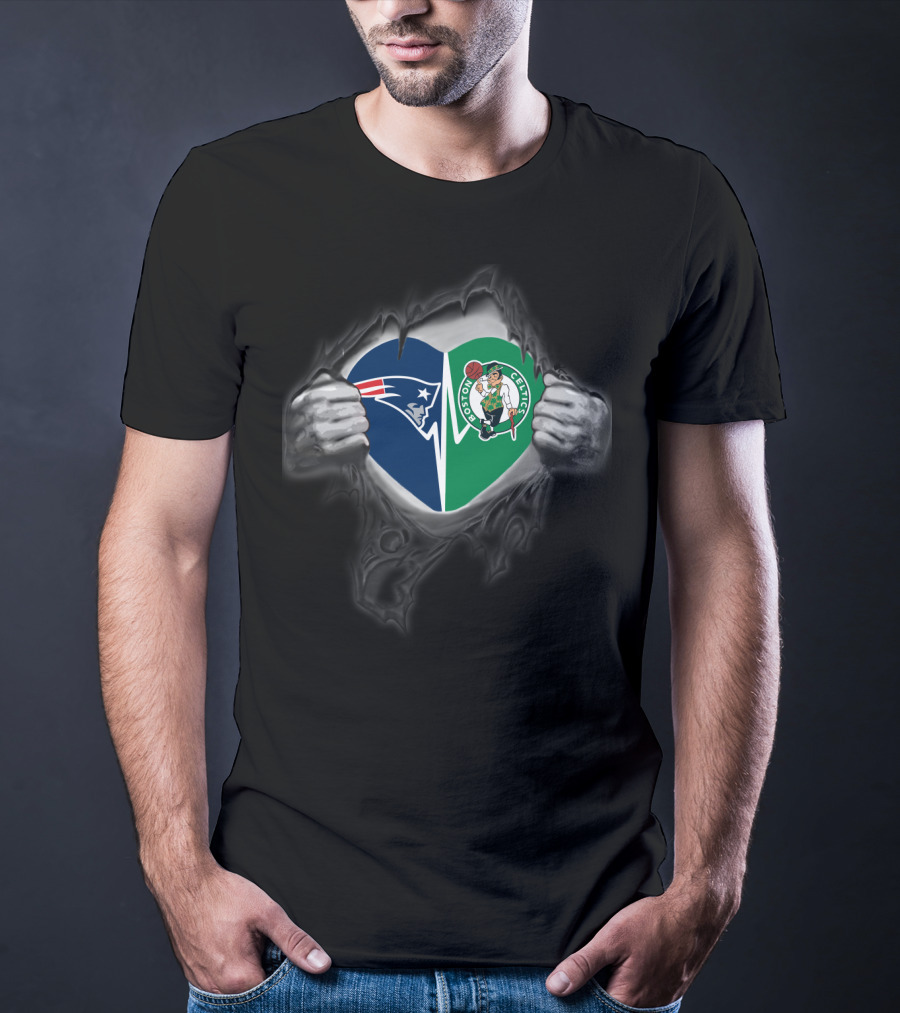 New England Patriots Boston Celtics Heart Duo T-Shirt