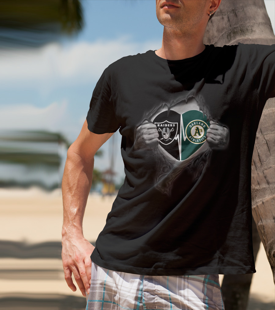 Raiders Oakland Athletics Dual Logo Inside Heart Torn T-Shirt