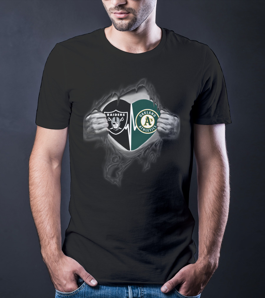 Raiders Oakland Athletics Dual Logo Inside Heart Torn T-Shirt