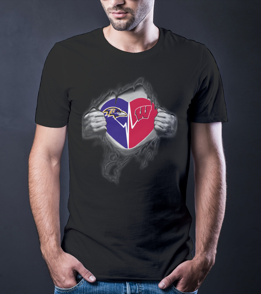 Baltimore Ravens Wisconsin Badgers Heart Logo Fusion T-Shirt