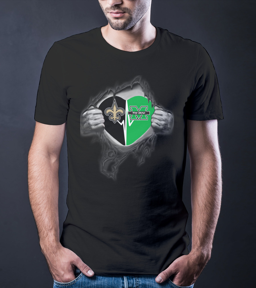 New Orleans Saints Marshall Thundering Herd Heart Logo Tear T-Shirt