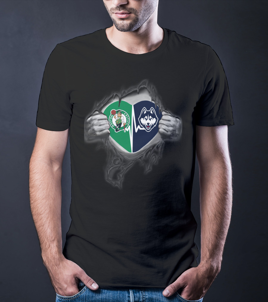 Boston Celtics And Uconn Huskies Heart Logo Fusion T-Shirt