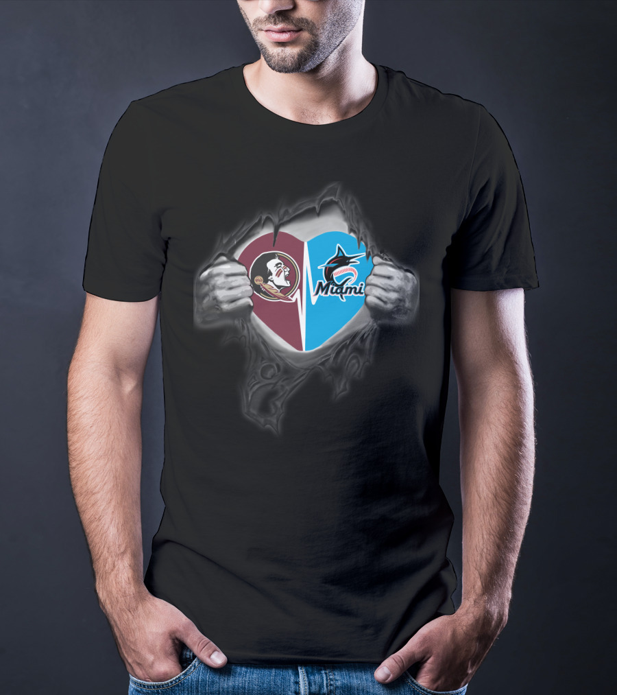 Seminoles Miami Split Heart Icon With Hands Ripping Open T-Shirt
