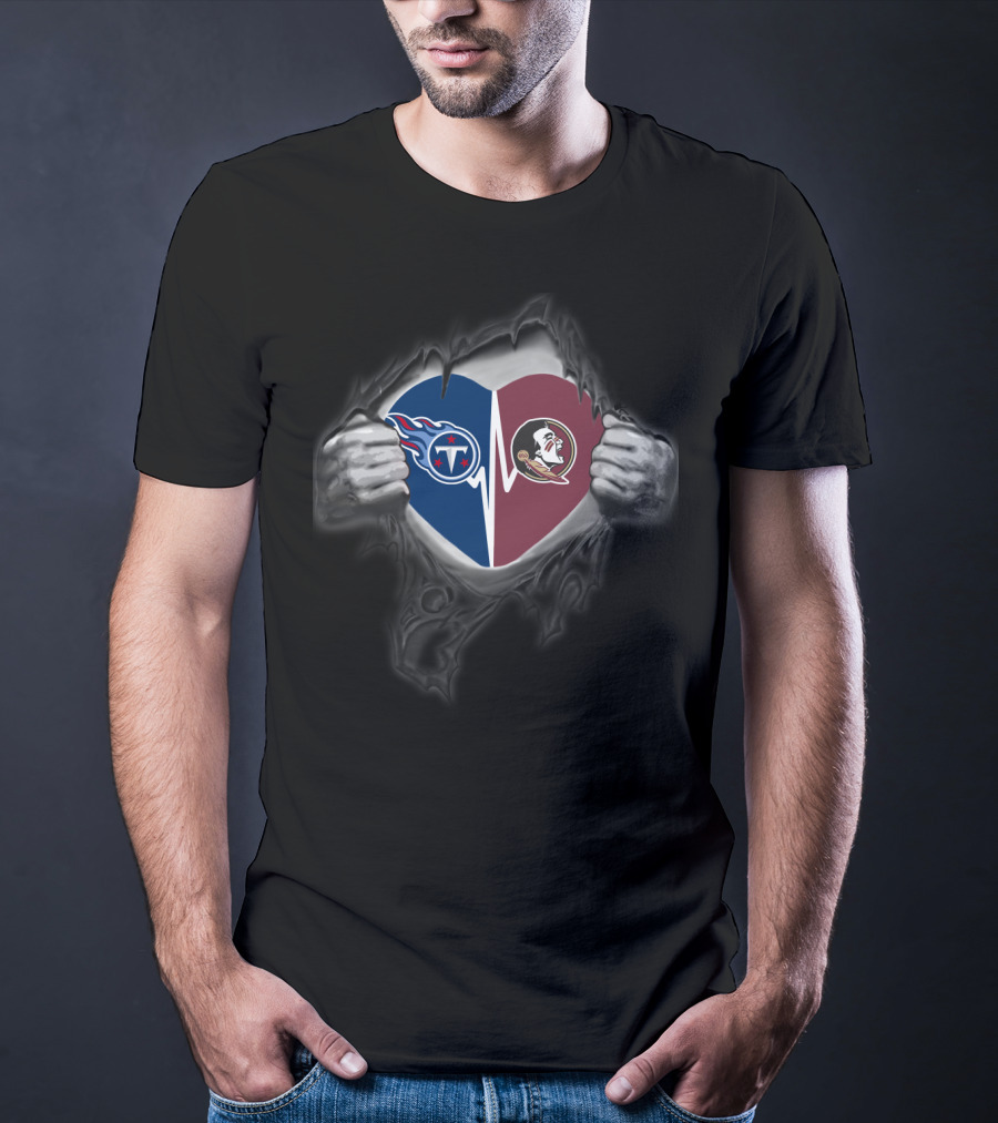 Tennessee Titans And Florida State Seminoles Heart Inside Ripped Chest T-Shirt